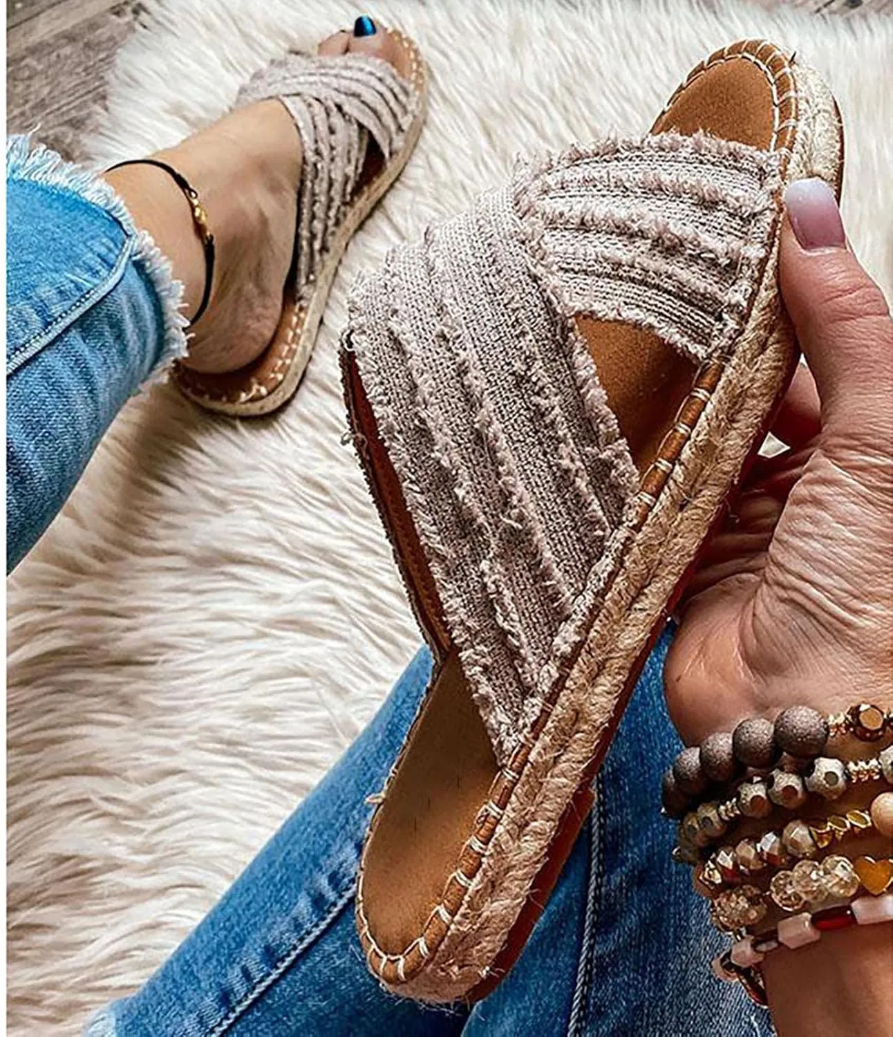 Womens Slides Flat Sandals Distressed Denim Open Toe Slippers 2025 Summer Breathable Comfortable Slipper Shoes