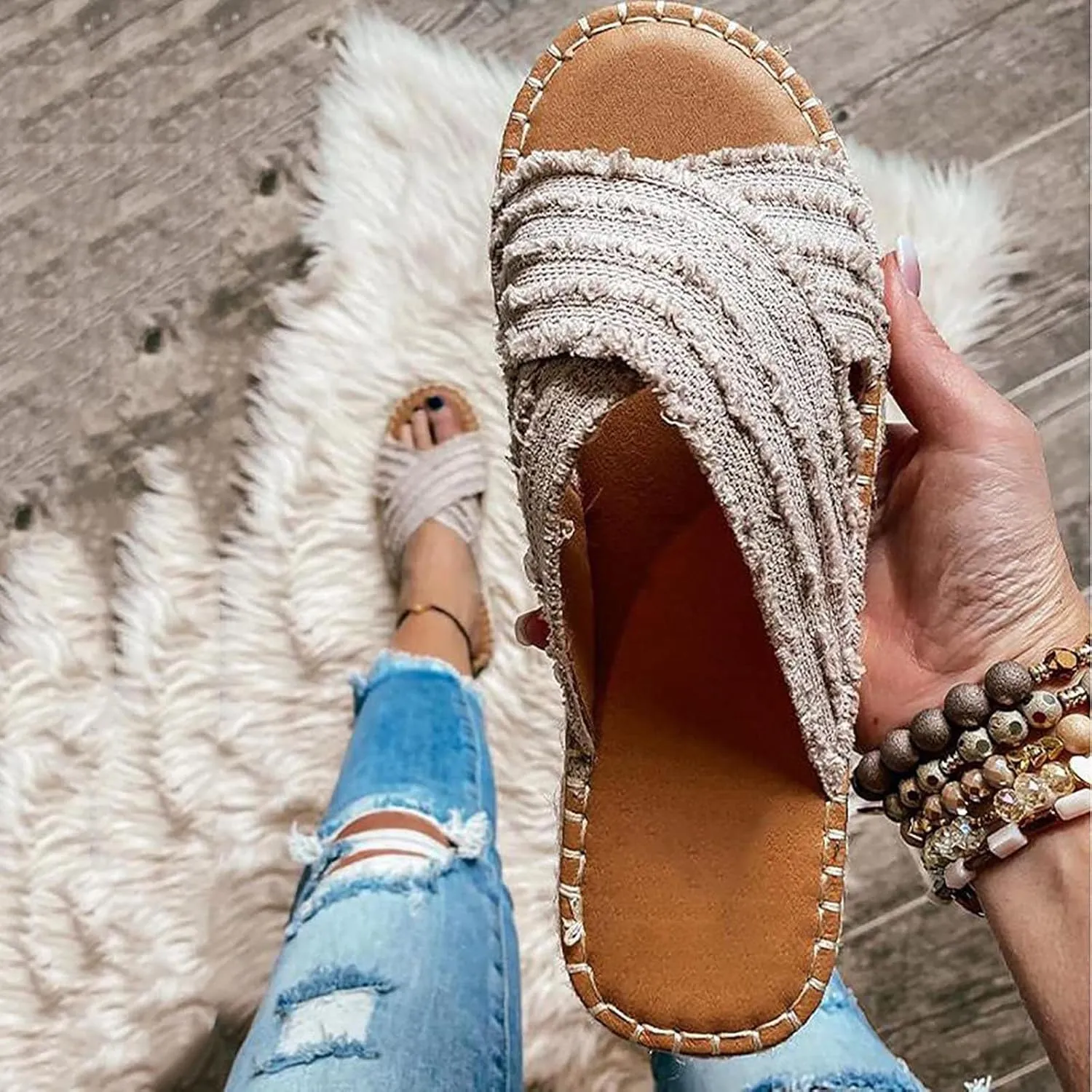 Womens Slides Flat Sandals Distressed Denim Open Toe Slippers 2025 Summer Breathable Comfortable Slipper Shoes