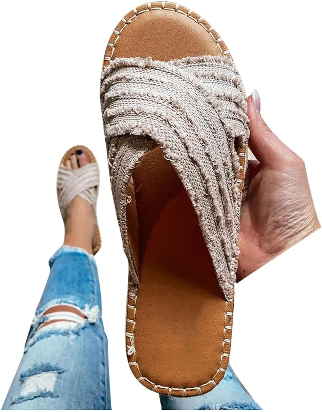 Womens Slides Flat Sandals Distressed Denim Open Toe Slippers 2025 Summer Breathable Comfortable Slipper Shoes