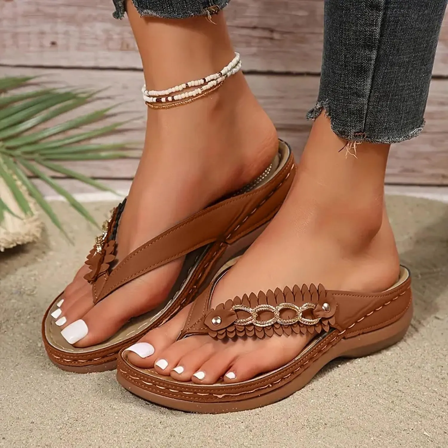 Womens Slippers Metal Ring Buckle Orthopedic Sandals Flip Flops Slip On Slippers Beach Comfortable Summer Sandals Arch Support Trendy Breathable Shoes