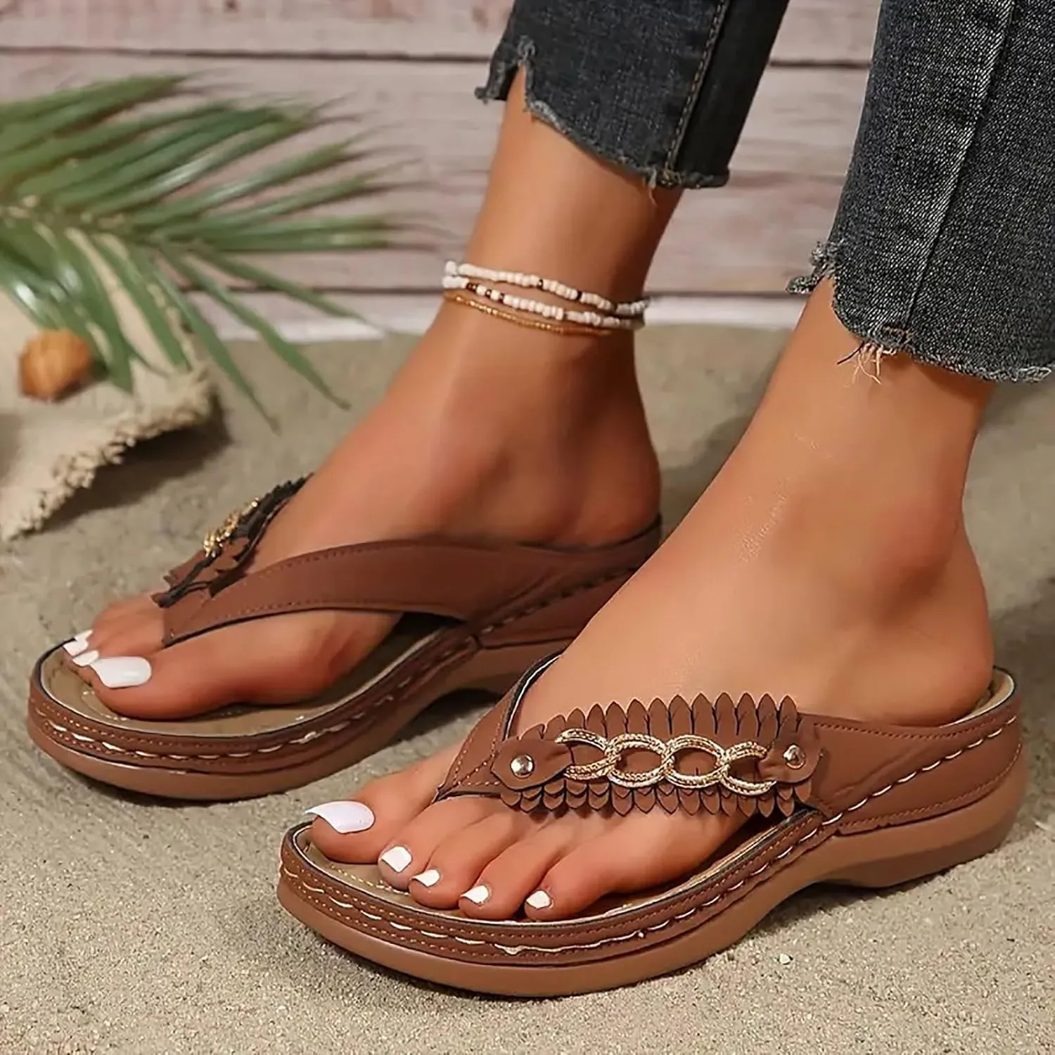 Womens Slippers Metal Ring Buckle Orthopedic Sandals Flip Flops Slip On Slippers Beach Comfortable Summer Sandals Arch Support Trendy Breathable Shoes