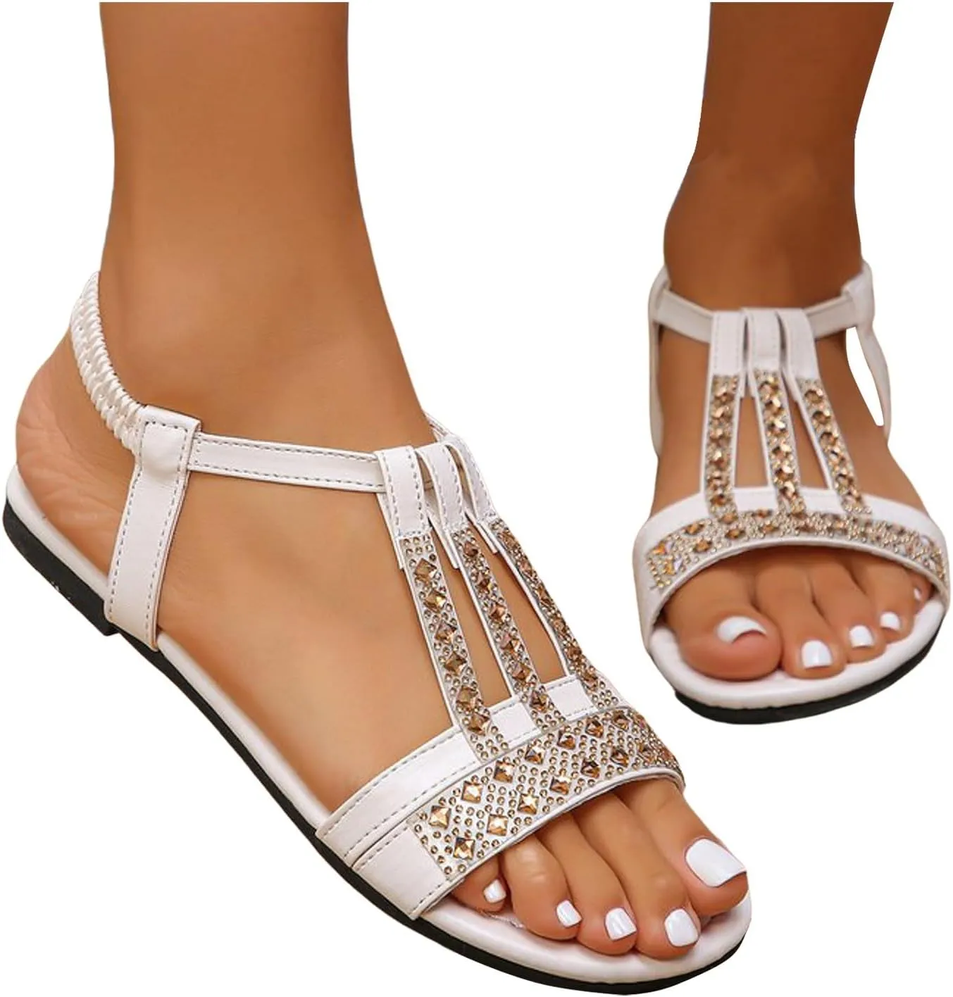 Womens Summer Flat Sandals Open Toe Strappy Elastic Rubber Flat Sandals Fashion Lightweight Non Slip Footwear Casual Bohemian Beach Rhinestone Platform Shoes