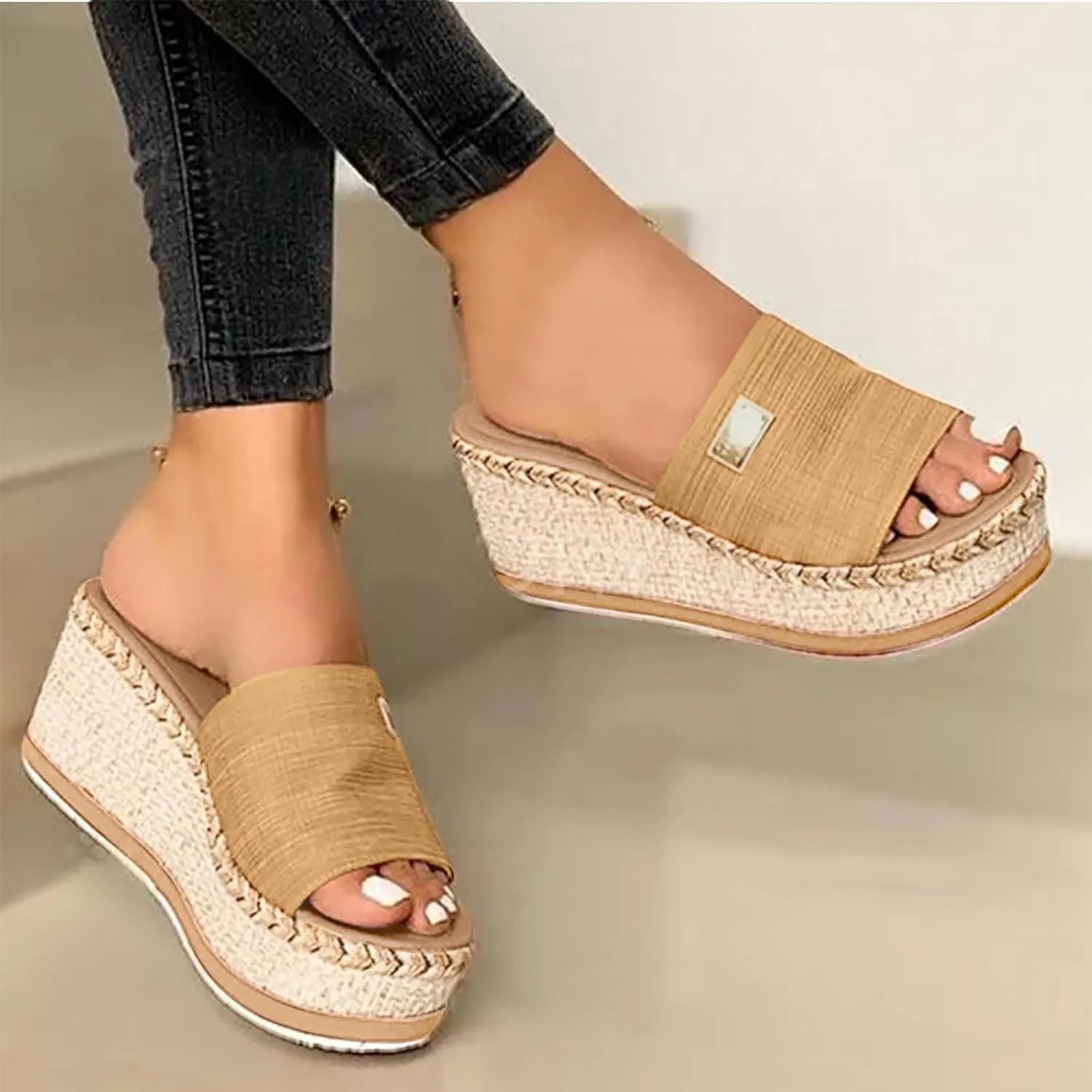 ZSpzx Orthopedic Wedge Sandals for Women Dressy Summer 2025 Women's Espadrilles Platform Sandals Comfortable Slip On Slides Open Toe Slides Boho Walking Shoes Beach Casual Outdoor Slippers