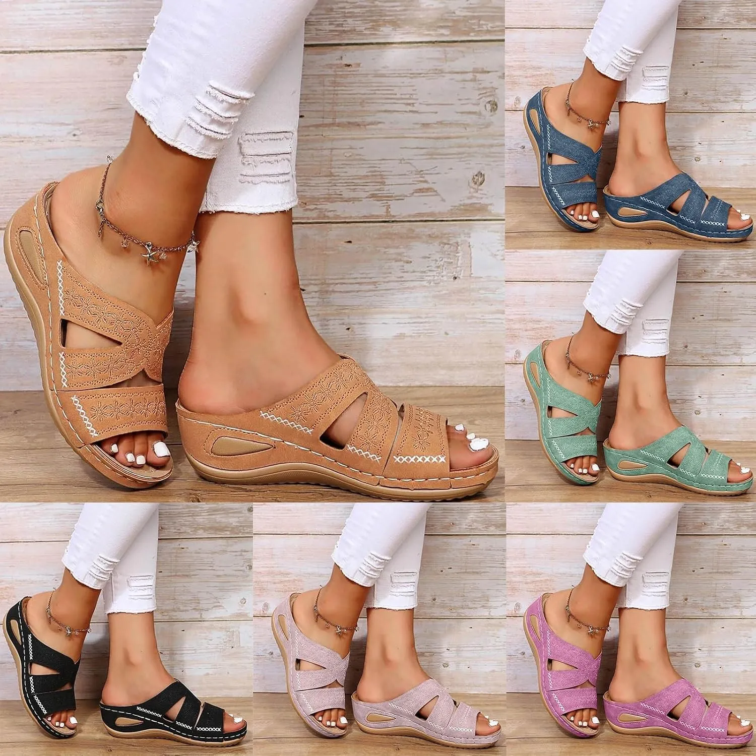 ZSpzx Summer Sandals For Women 2025 Comfortable Orthopedic Wedge Platform Sandals Dressy Hollow Out Open Toe Slippers Casual Boho Slip on Beach Sandals Outdoor Walking Shoes for Daily Wear