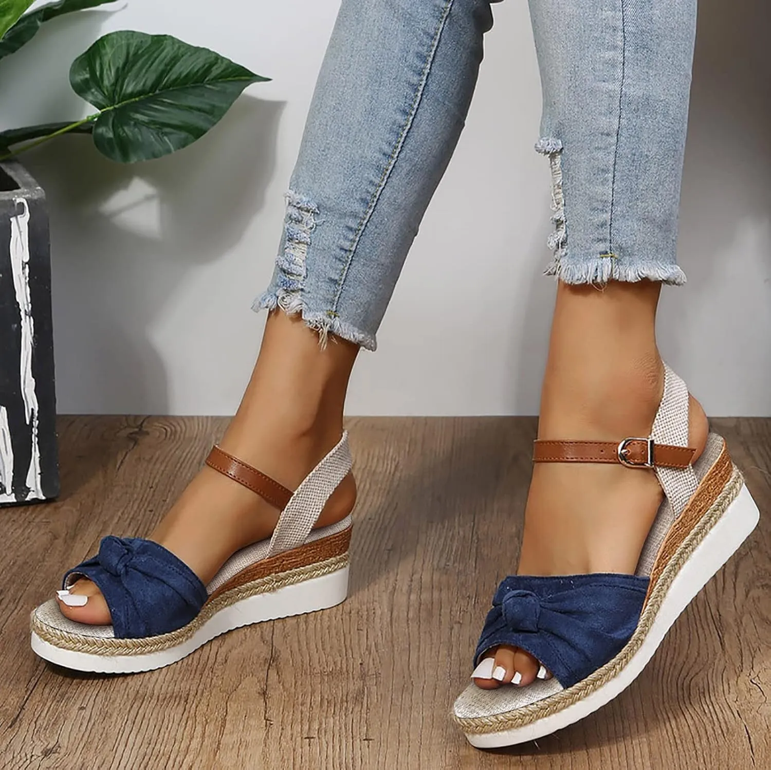 ZSpzx Wedge Sandals for Women 2025 Espadrilles Sandal Orthopedic Platform Wedges Heels Bow Knot Comfortable Casual Dressy Summer Wide Width Open Toe Ankle Strap Low Heel Outdoor Beach Shoes