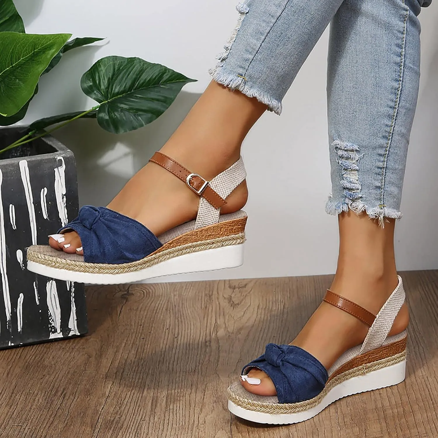 ZSpzx Wedge Sandals for Women 2025 Espadrilles Sandal Orthopedic Platform Wedges Heels Bow Knot Comfortable Casual Dressy Summer Wide Width Open Toe Ankle Strap Low Heel Outdoor Beach Shoes