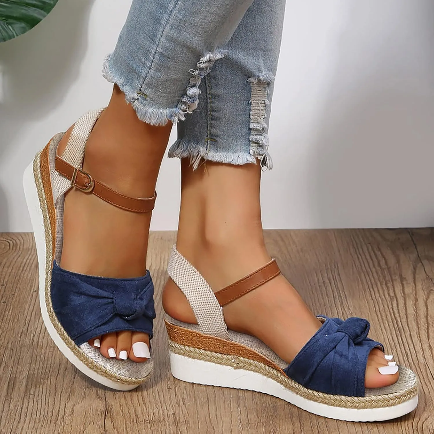 ZSpzx Wedge Sandals for Women 2025 Espadrilles Sandal Orthopedic Platform Wedges Heels Bow Knot Comfortable Casual Dressy Summer Wide Width Open Toe Ankle Strap Low Heel Outdoor Beach Shoes