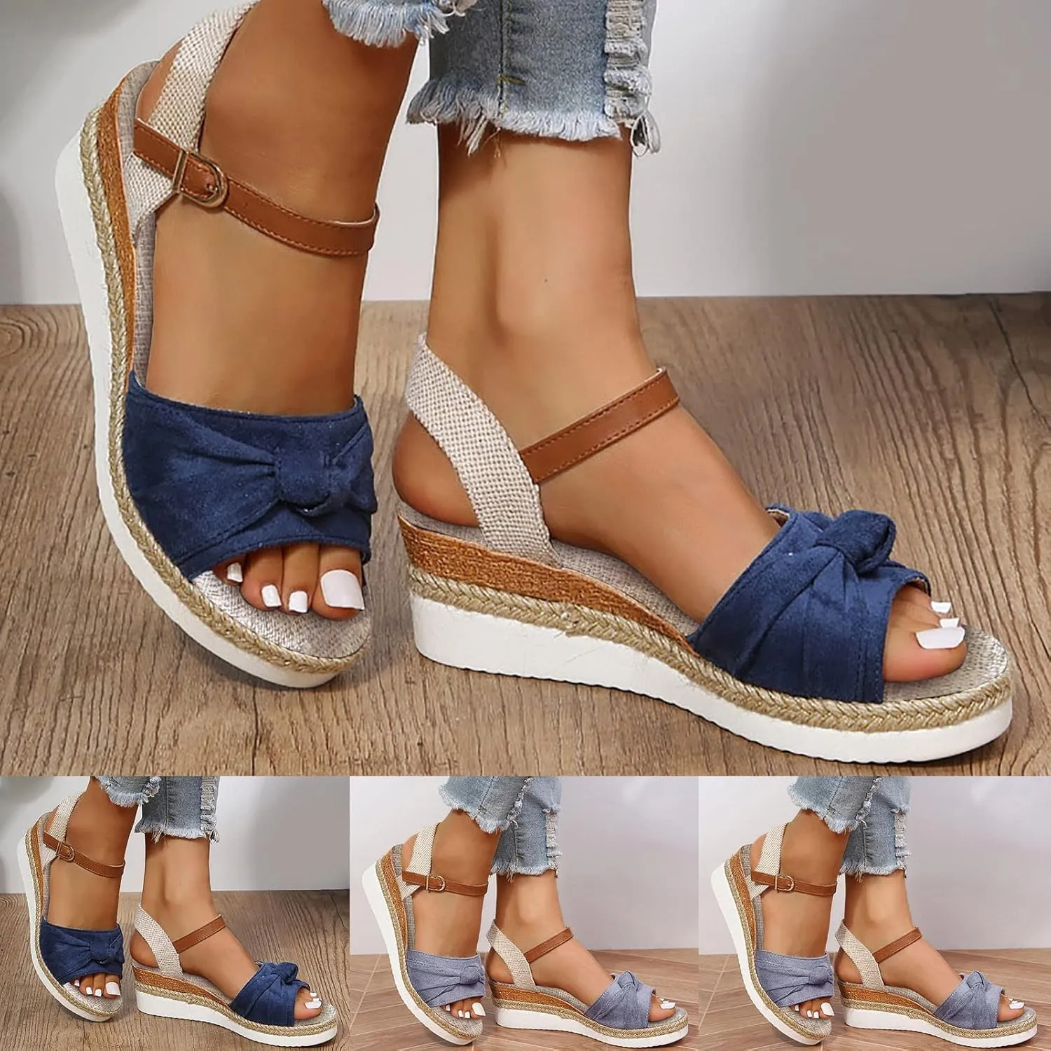ZSpzx Wedge Sandals for Women 2025 Espadrilles Sandal Orthopedic Platform Wedges Heels Bow Knot Comfortable Casual Dressy Summer Wide Width Open Toe Ankle Strap Low Heel Outdoor Beach Shoes