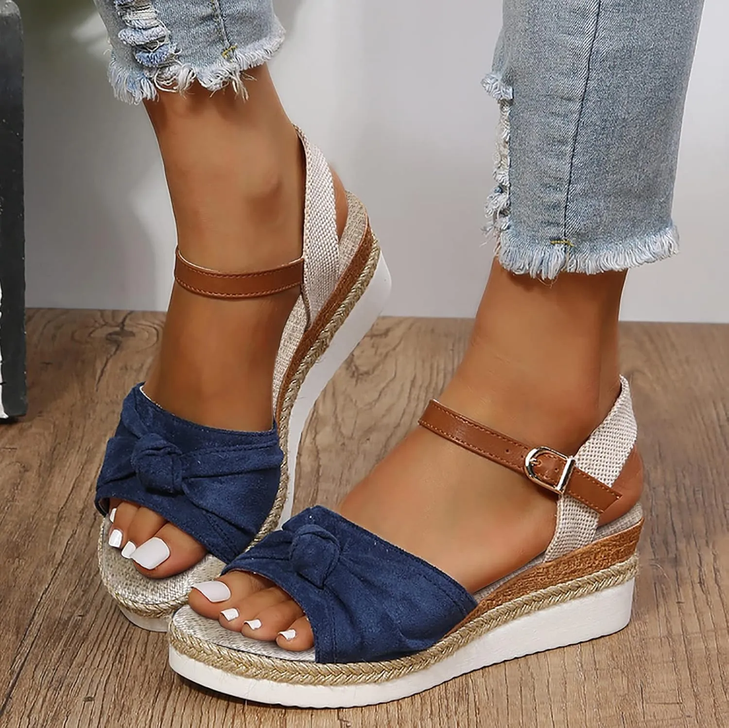 ZSpzx Wedge Sandals for Women 2025 Espadrilles Sandal Orthopedic Platform Wedges Heels Bow Knot Comfortable Casual Dressy Summer Wide Width Open Toe Ankle Strap Low Heel Outdoor Beach Shoes