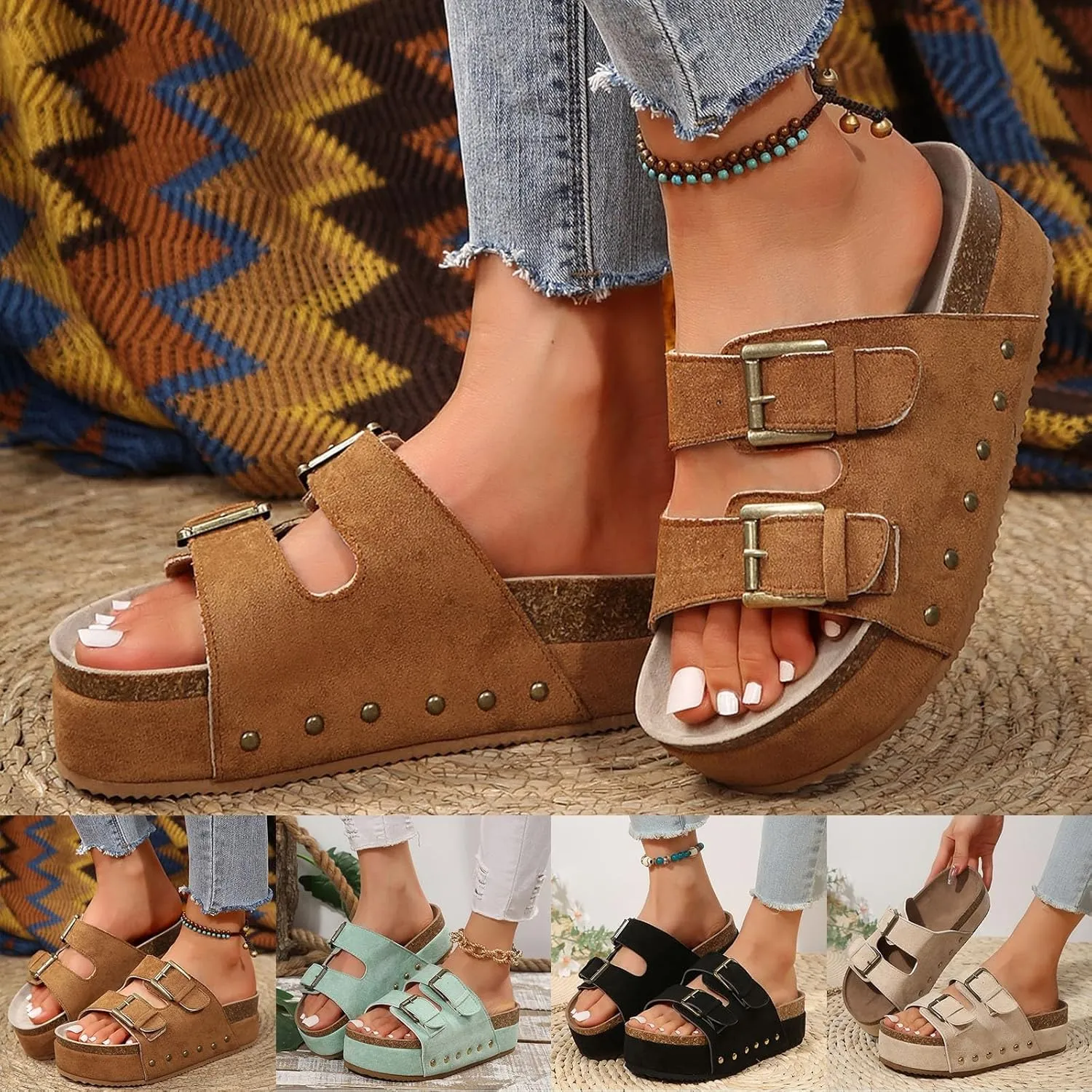 ZSpzx Women's Orthopedic Arch Support Platform Sandals for Women Dressy Summer 2025 Wedge Heel Sandals Comfortable Cute Vacation Chunky Womens Adjustable Strap Buckle Sandals Beach Walking Shoes