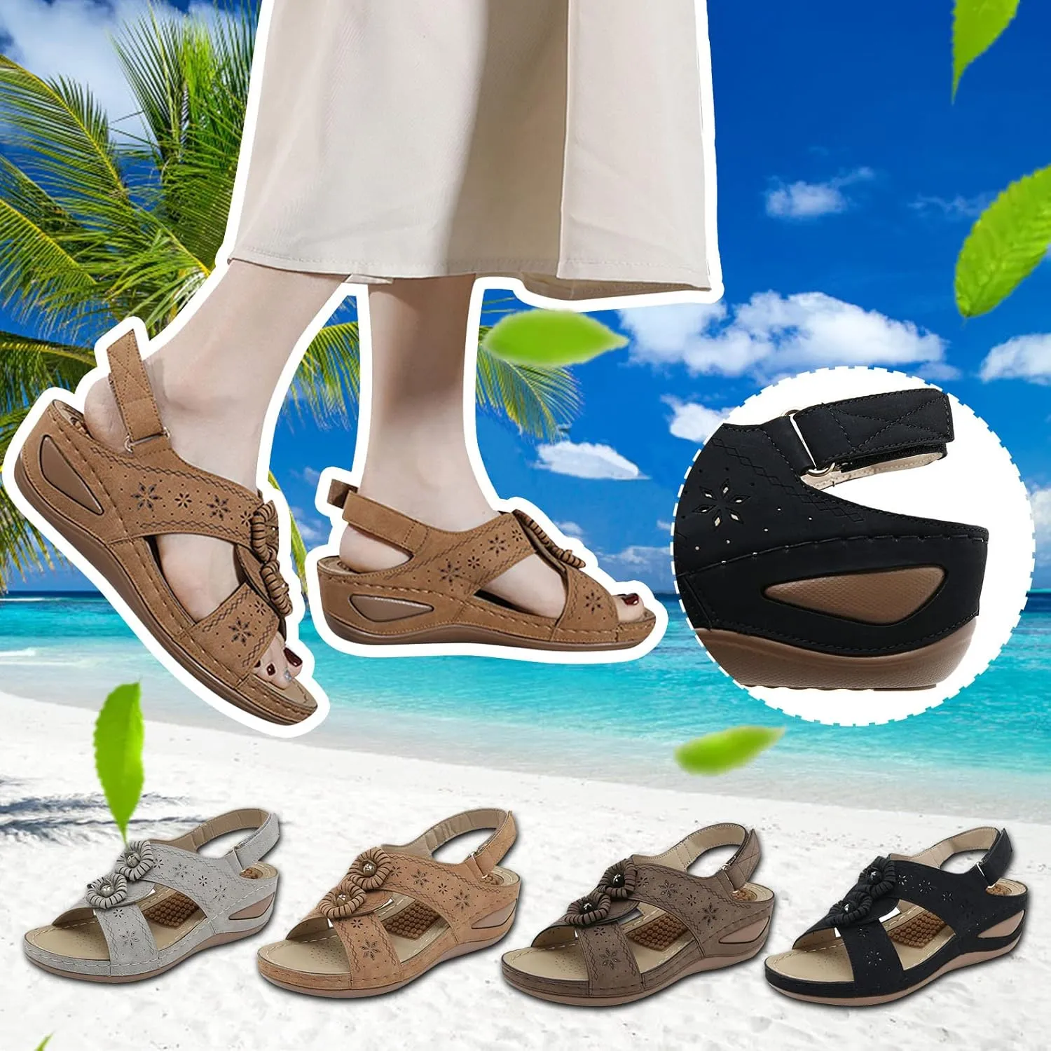 ZSpzx Women's Orthopedic Arch Support Sandals Comfortable for Women Wedge Flip Flops Slide Dressy Summer Plantar Fasciitis Bunion Adjustable Slingback Ankle Strap Casual Slip On Walking Beach Shoes