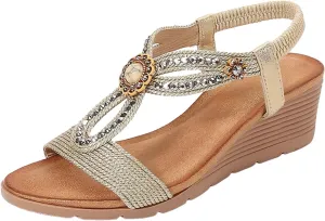 ZSpzx Women's T-strap Wedge Sandals Sparkly Rhinestone Open Toe Fashion Dressy Prom Shoes Comfortable Platform Elastic Retro Dress Summer Womens Bohe Beach Slip On Slides Ankle Strap Sandal